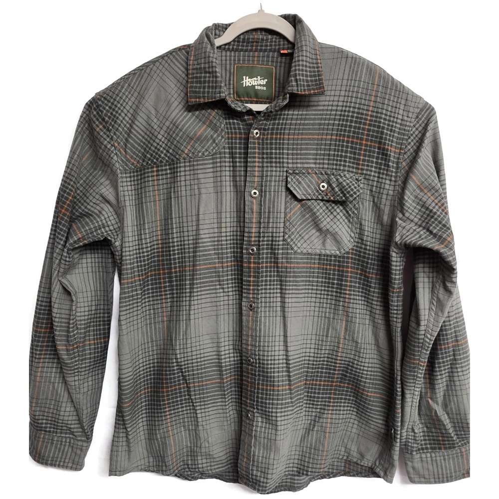 Howler Bros Mens Harker's Flannel Large Gray Orange Plaid Long Sleeve Shirt